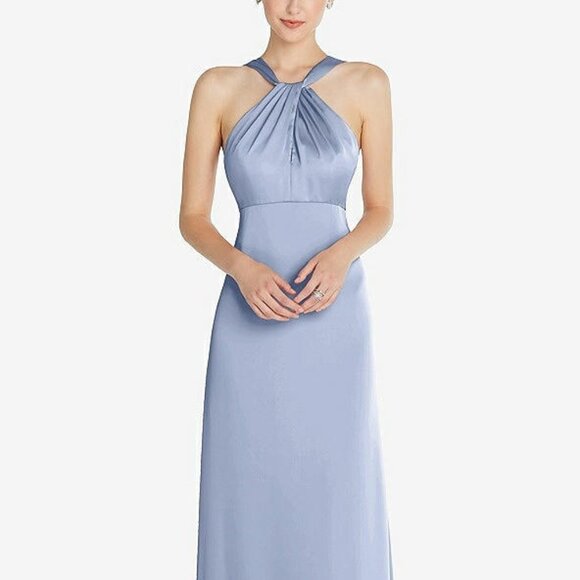 After Six 6855...Draped Twist Halter Low-Back Satin Empire Dress...Blue...Sz 12 - Picture 1 of 7